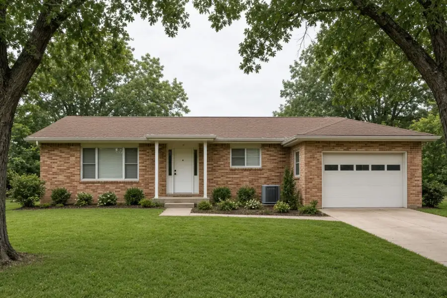 A mid-century buff brick ranch home with an outdoor air conditioner unit beside it